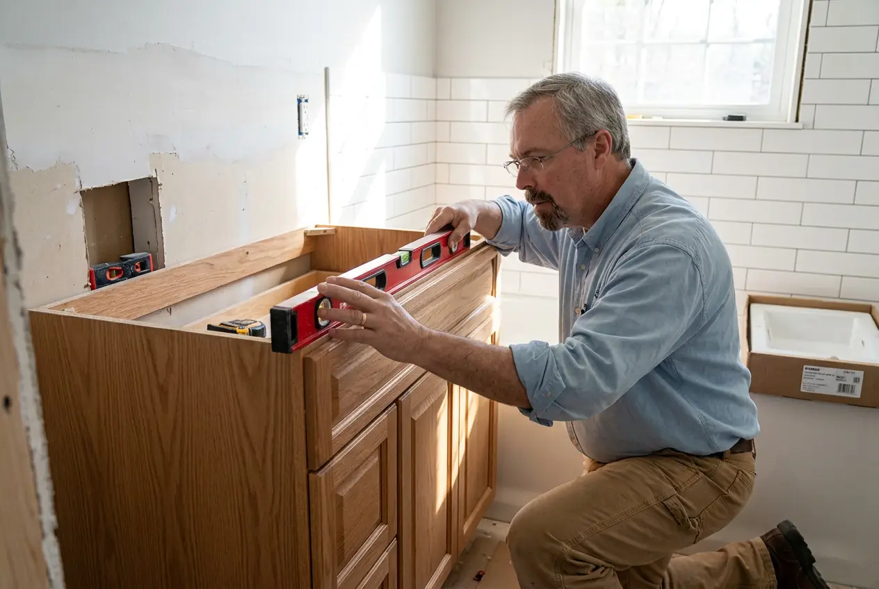 Leveling a new oak bathroom vanity