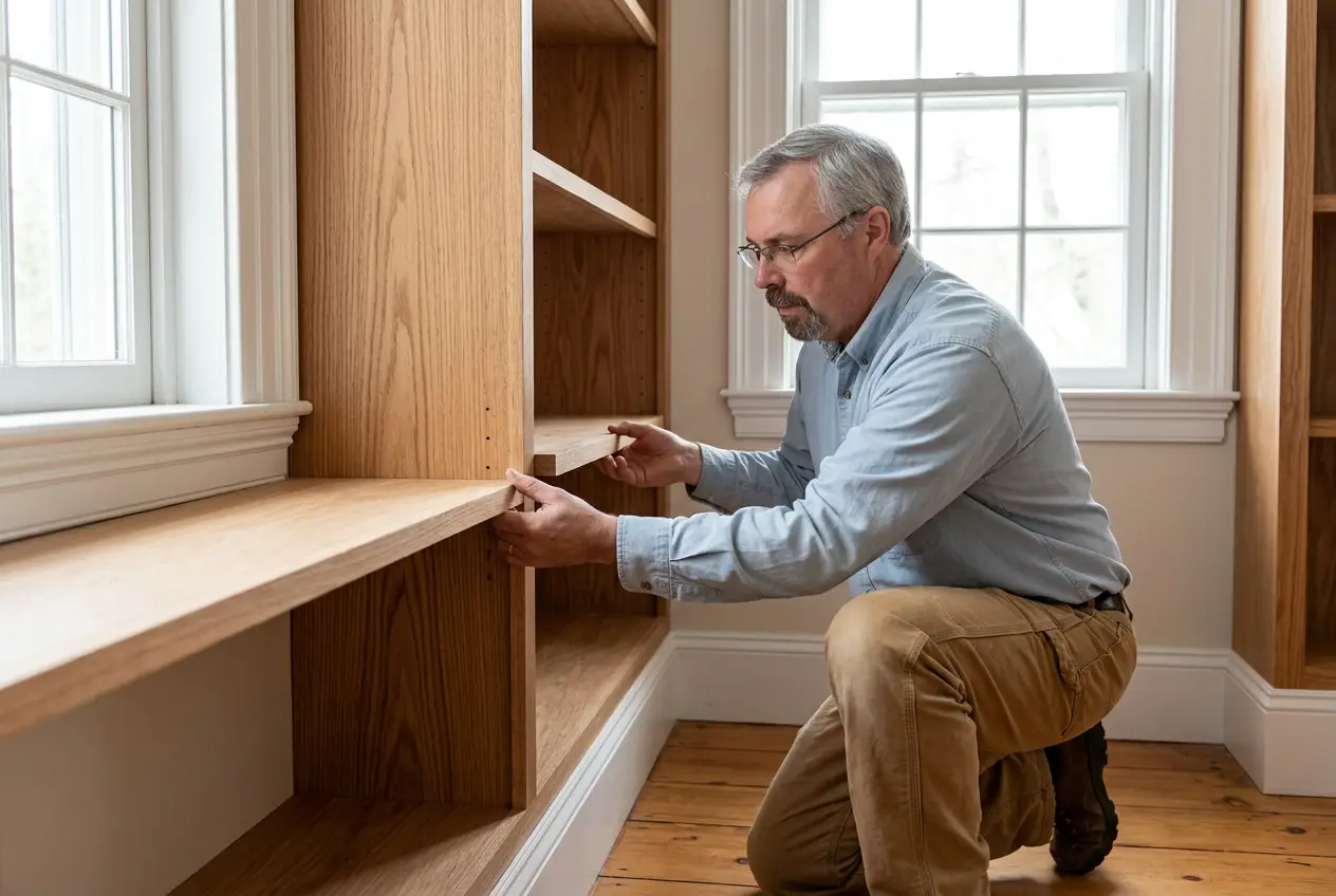 John fitting a shelf in a custom built in bookcase