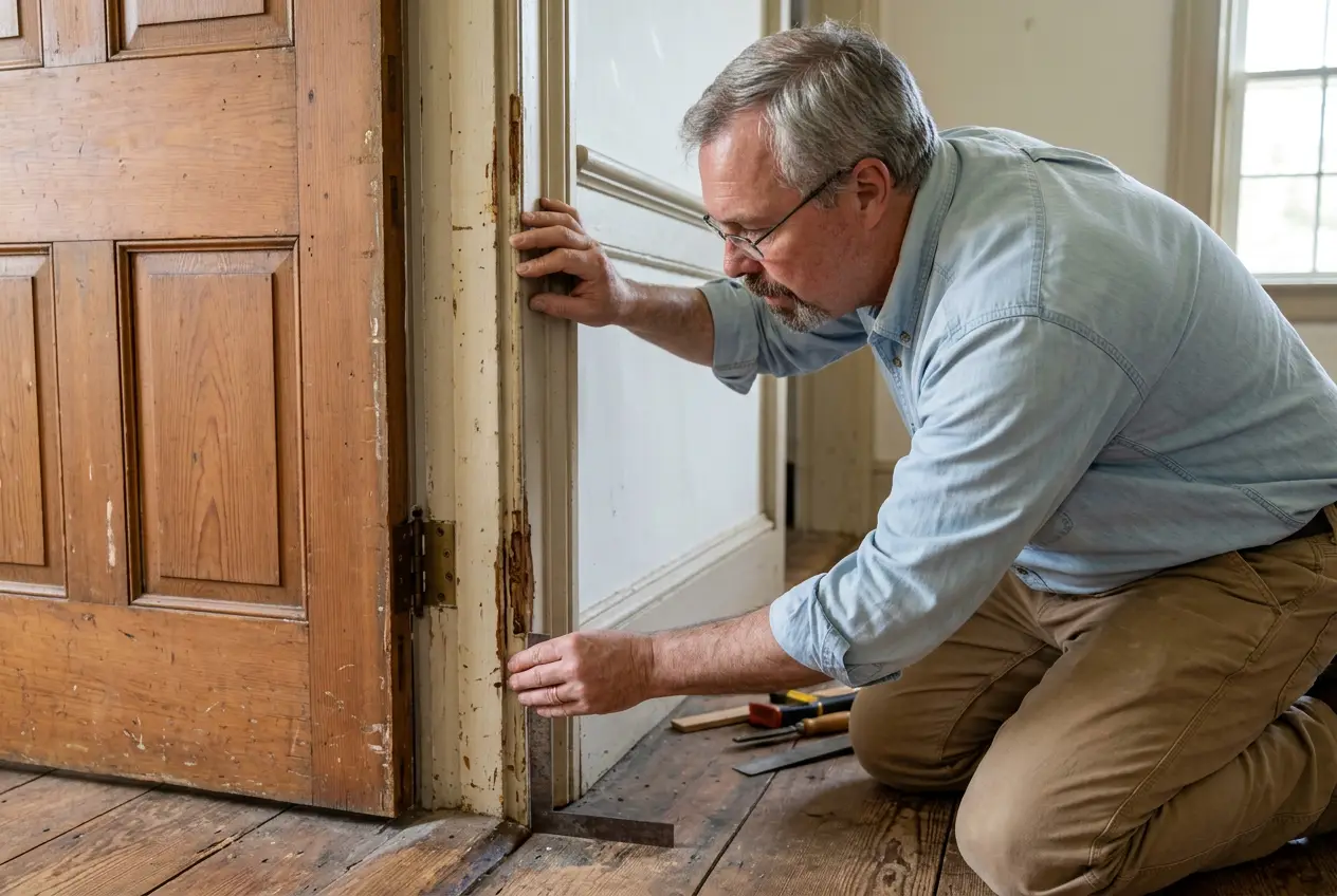 Inspecting the hinge side of an old door