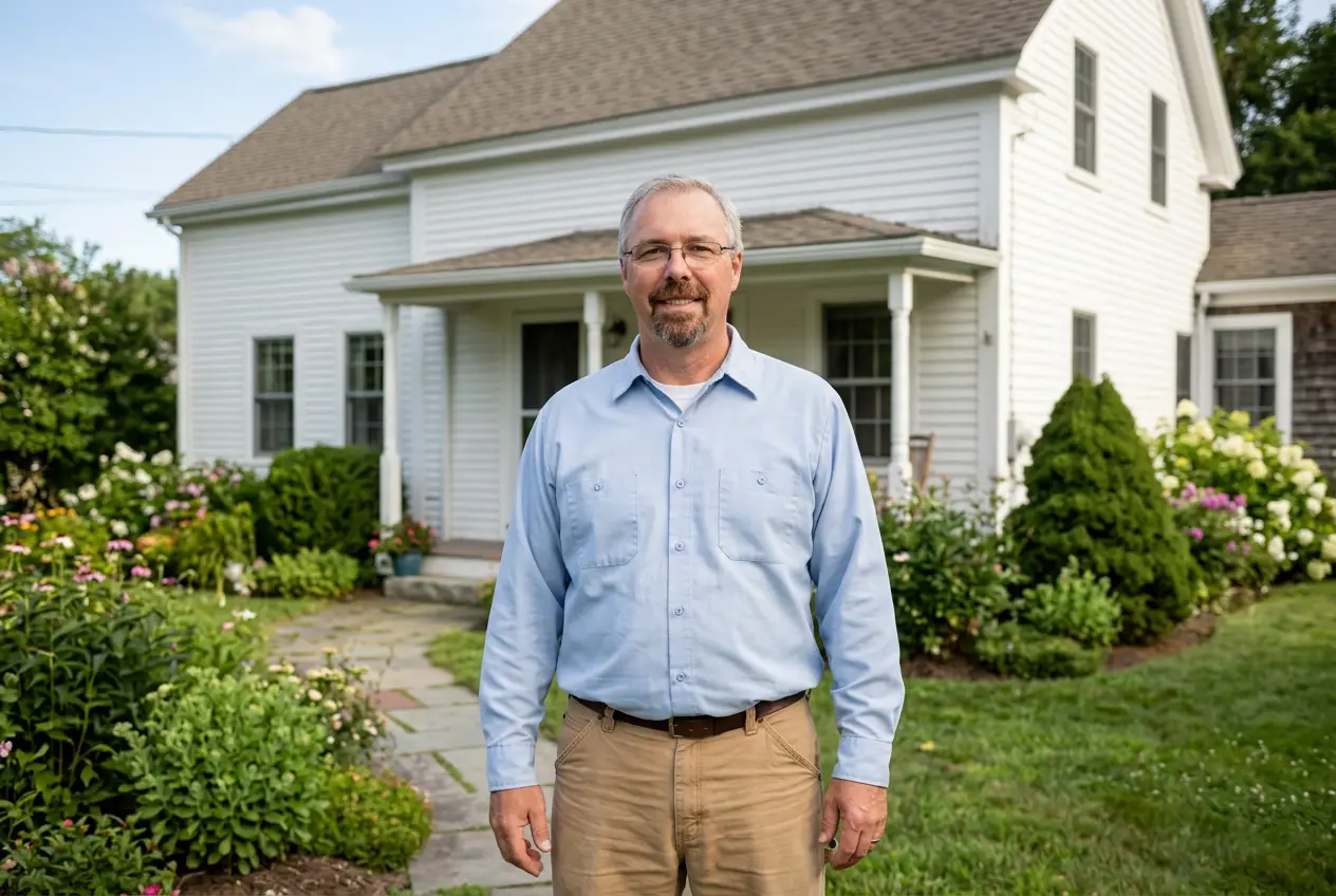 Portrait of John R. Wilkins outside a white clapboard house